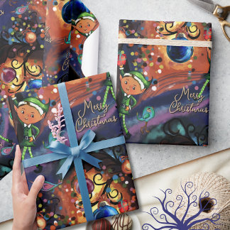 Magical Elf & Bird Whimsical Christmas Wrapping Paper
