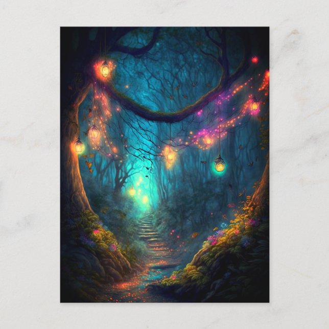 Magical Enchanted Forest Fantasy Fairy Lights Postcard (Front)