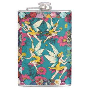 Magical Fairies And Floral Hexagon Patchwork Hip Flask