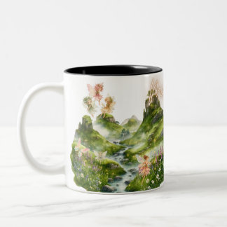 Magical Fairies & Green Hills Watercolor Fantasy Two-Tone Coffee Mug