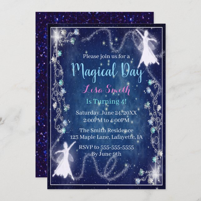 Magical Fairy Blue Starry Night Birthday Party Invitation (Front/Back)
