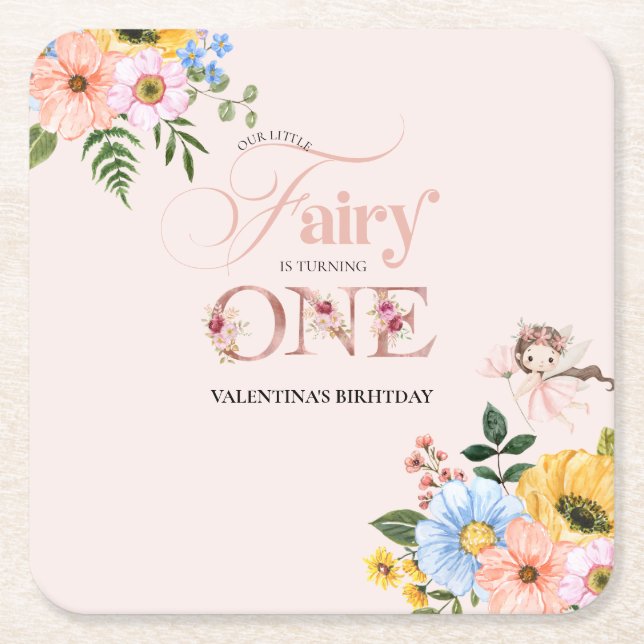 Magical Fairy Floral Garden Pixie Girls Birthday  Square Paper Coaster (Front)