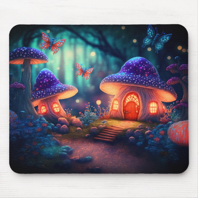 Magical Fairy Garden Butterflies Mushroom Cottages Mouse Pad (Front)