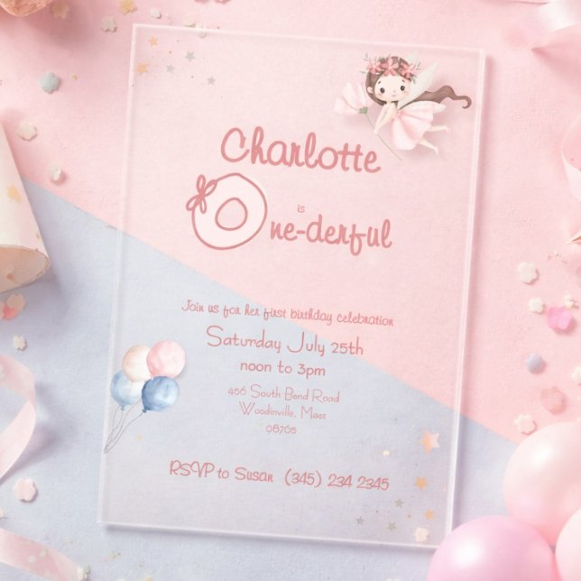 Magical Fairy One-derful Blush Girls 1st Birthday Acrylic Invitations (Creator Uploaded)