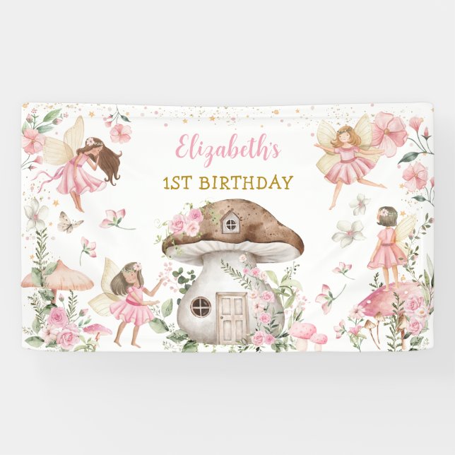 Magical Fairy Princess Pink Flower Girl Birthday Banner (Horizontal)