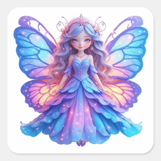 Magical Fairy Princess with Glowing Butterfly Wing Square Sticker (Front)
