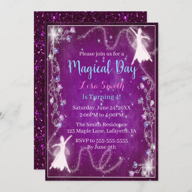 Magical Fairy Purple Starry Night Birthday Party Invitation (Front/Back)