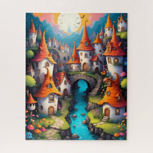 Magical Fairy Tale Village with Moonlit Stream Jigsaw Puzzle