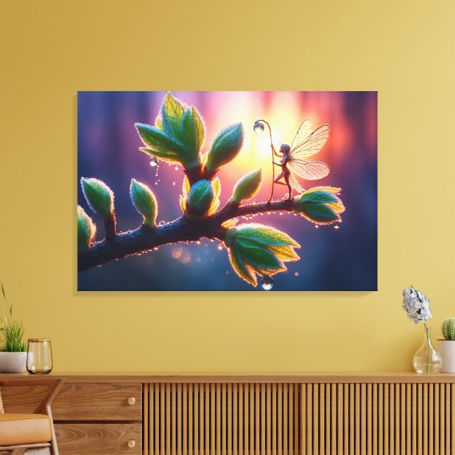 Magical fairy with dewdrop lantern on the branch canvas print (Insitu(LivingRoom))