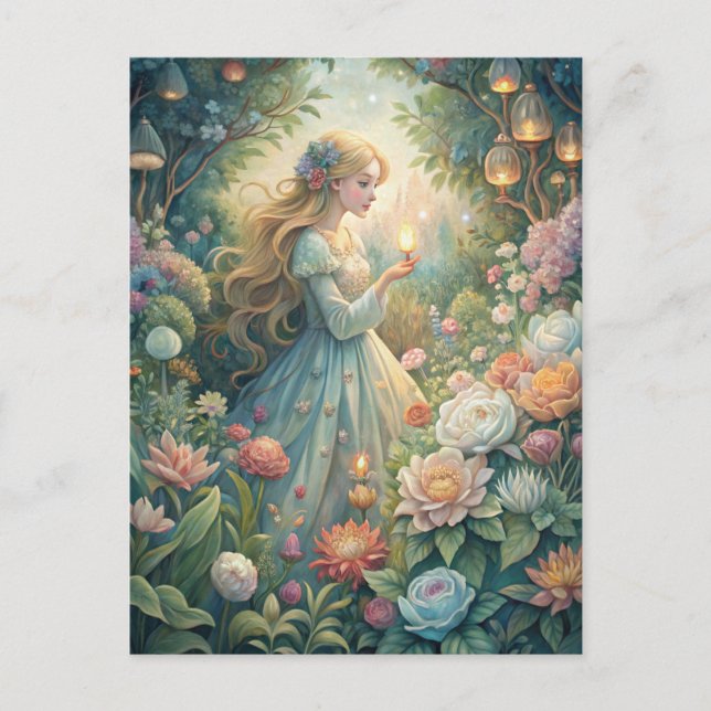 Magical Fairytale Young Woman Lanterns Garden Postcard (Front)