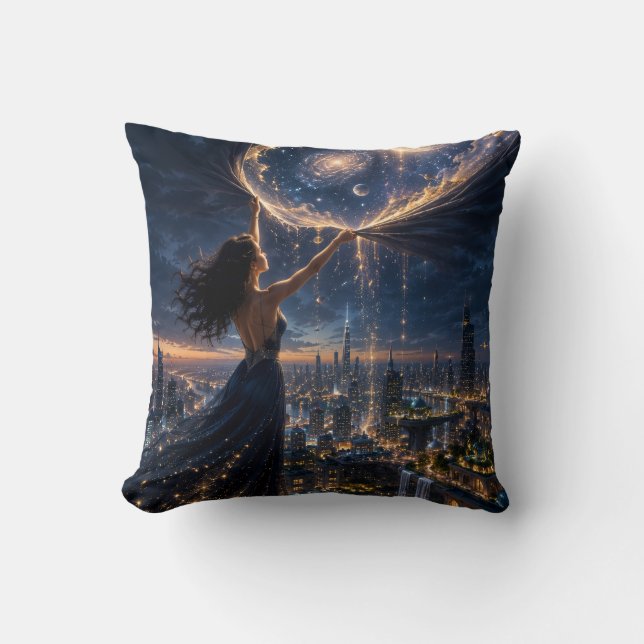 Magical Fantasy City & Starry Sky Throw Pillow (Front)