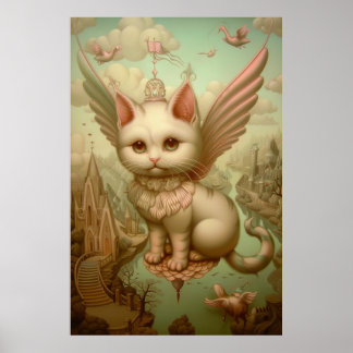 magical fantasy landscape white cat art poster