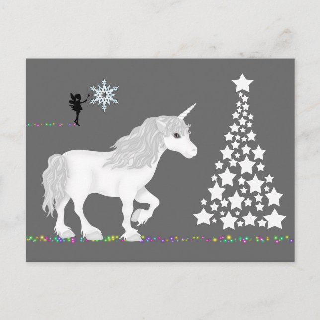 Magical Fantasy Unicorn, Fairy and Christmas Tree Holiday Postcard (Front)
