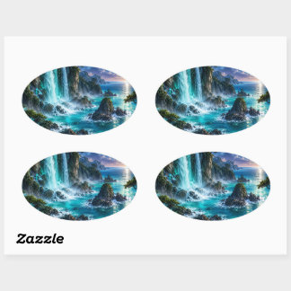 Magical Fantasy Waterfall on Ocean Coast Under Mil Oval Sticker