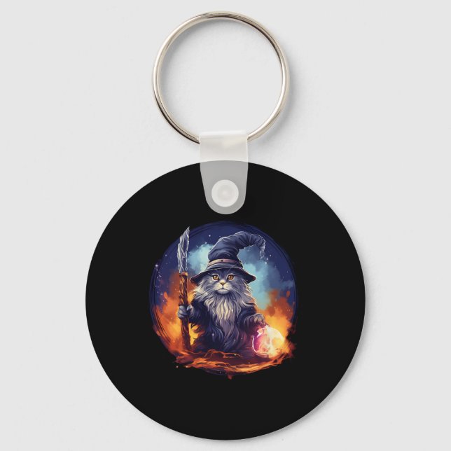 Magical Feline Sorcerer Enchanting Wizard Cat  Key Ring (Front)