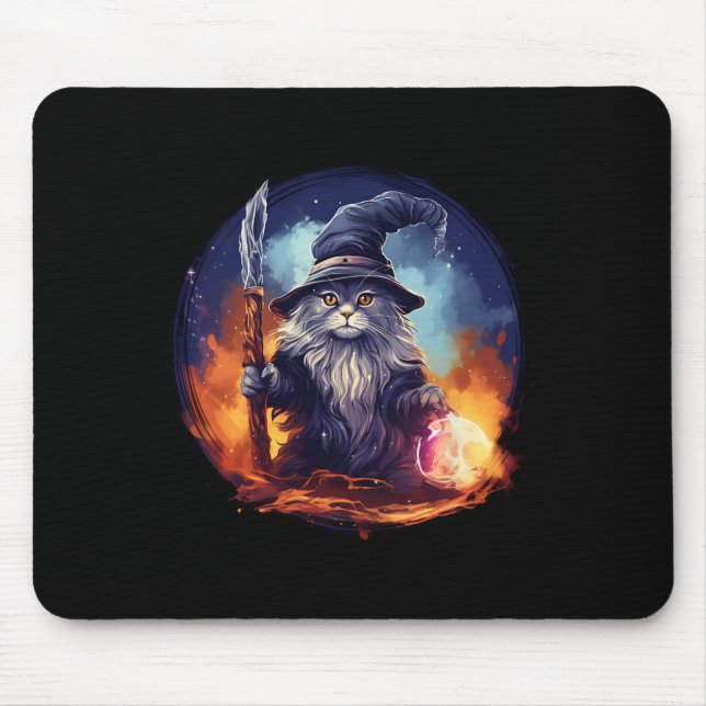 Magical Feline Sorcerer Enchanting Wizard Cat  Mouse Pad (Front)