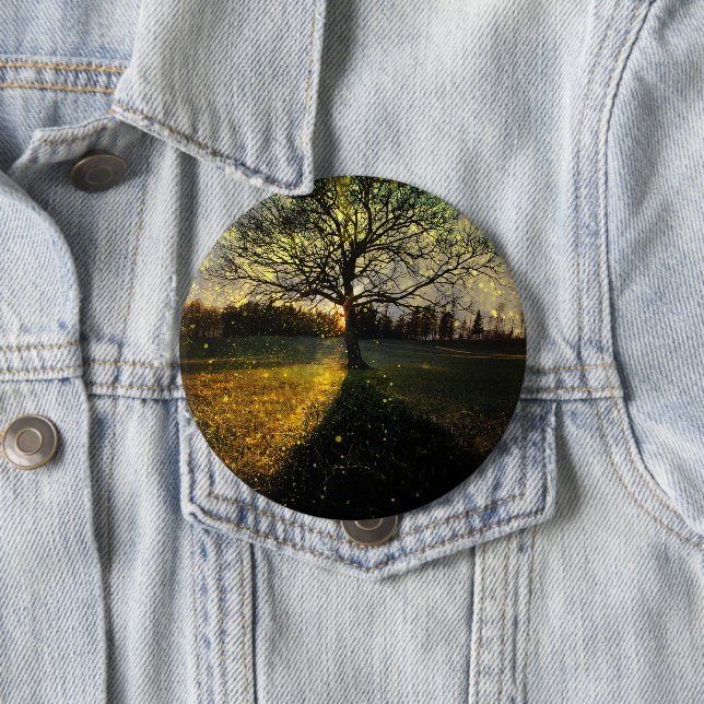 Magical fireflies dreamy landscape 10 cm round badge (In Situ)