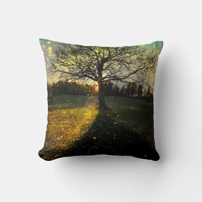 Magical fireflies dreamy landscape cushion (Front)