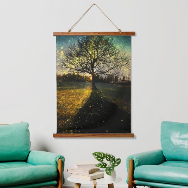 Magical fireflies dreamy landscape hanging tapestry (Living Room)