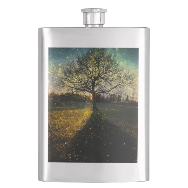 Magical fireflies dreamy landscape hip flask (Front)