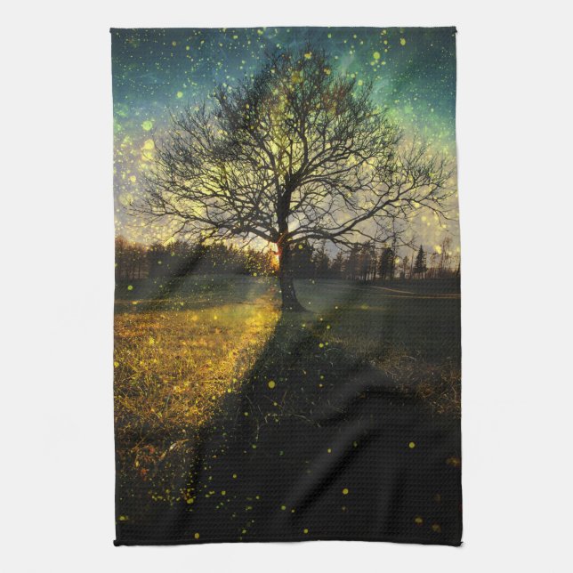 Magical fireflies dreamy landscape tea towel (Vertical)