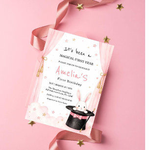 Magical First Birthday Pink Bunny Magic Hat Invitation