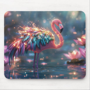 Magical Flamingo Fantasy Art with Colorful Feather Mouse Pad