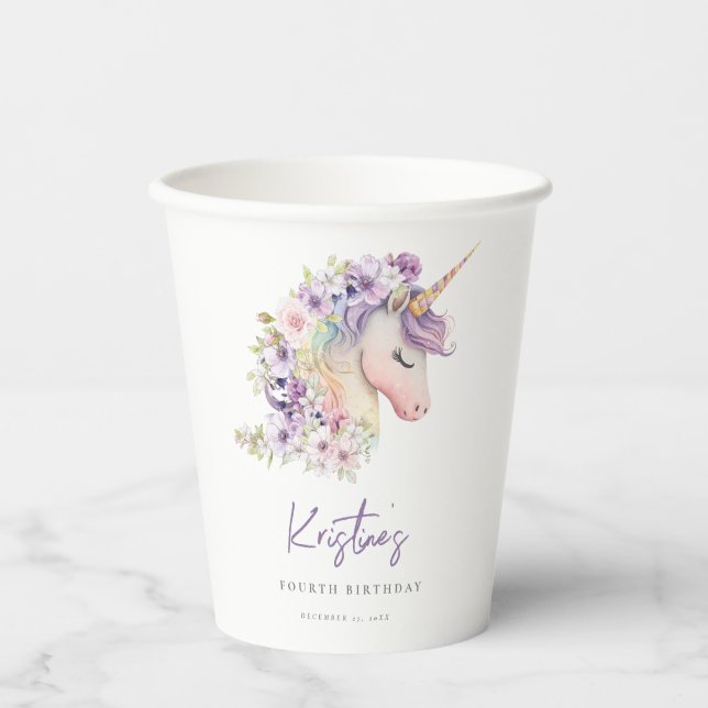 Magical Floral Unicorn Birthday Paper Cup (Front)