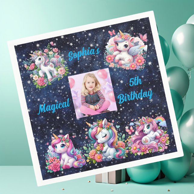 Magical Floral Unicorn Photo Kids Birthday Party  Napkin (Creator Uploaded)
