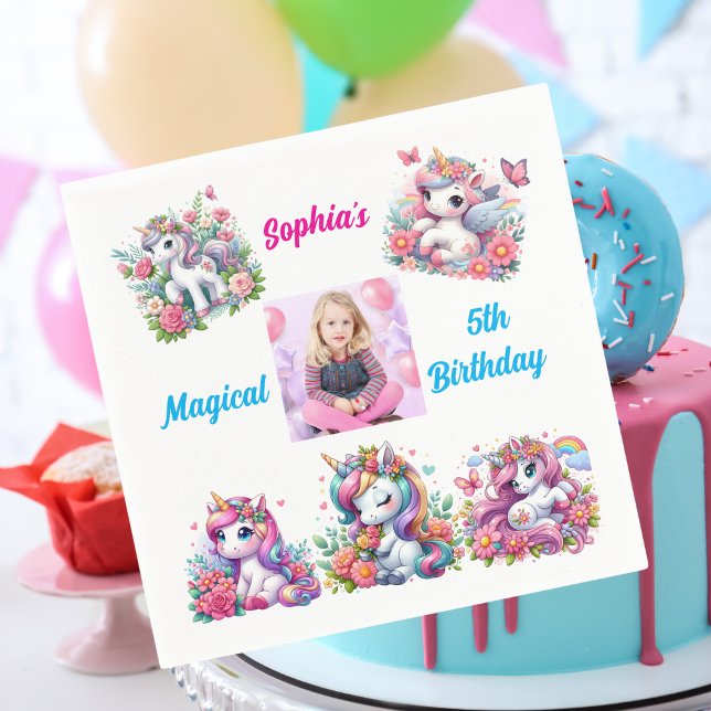 Magical Floral Unicorn Photo Kids Birthday Party Napkin (Creator Uploaded)