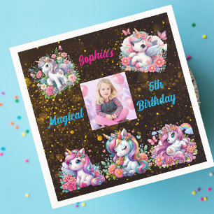 Magical Floral Unicorn Photo Kids Birthday Party Napkin