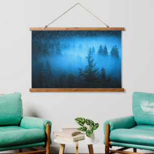 Magical fog in snowy spruce forest hanging tapestry