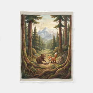 Magical Forest Animals Under Pine Trees Fleece Bla Blanket