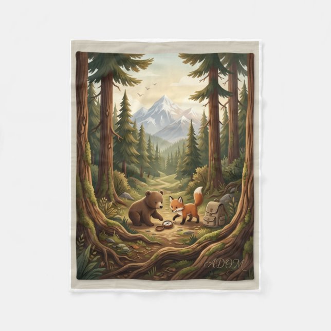 Magical Forest Animals Under Pine Trees Fleece Bla Blanket (Front)
