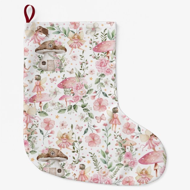 Magical Forest Fairy Pink Floral Garden Large Christmas Stocking (Front)