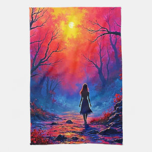 Magical Forest Girl's Solitude Design Tea Towel