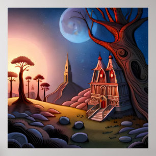 magical forest graveyard scene with large twisted  poster