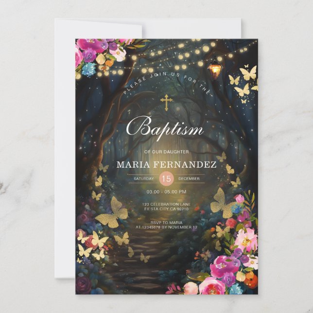 Magical Forest Greenery Floral Baptism Invitation  (Front)