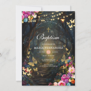 Magical Forest Greenery Floral Baptism Invitation 