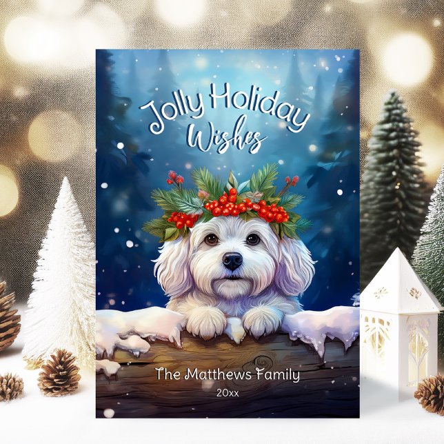 Magical Forest Jolly Christmas Wishes Bichon Frise Holiday Card (Adorable Winter Snowy Scene With Peeking Dogs or Farm/Woodland Animals - Over 50 to Choose From!)