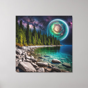 Magical Forest Lake Under a Cosmic Spiral Galaxy Canvas Print