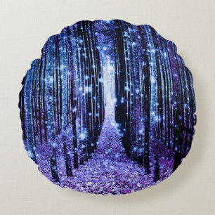 Magical Forest Path Purple Blue Round Cushion