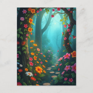 Magical Forest Pathway with Whimsical Wildflowers Postcard