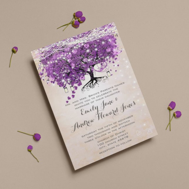 Magical Forest Peachy Pink Purple Heart Leaf Tree Invitation (Creator Uploaded)