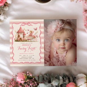 Magical Forest Pink Fairy First Birthday Photo Invitation
