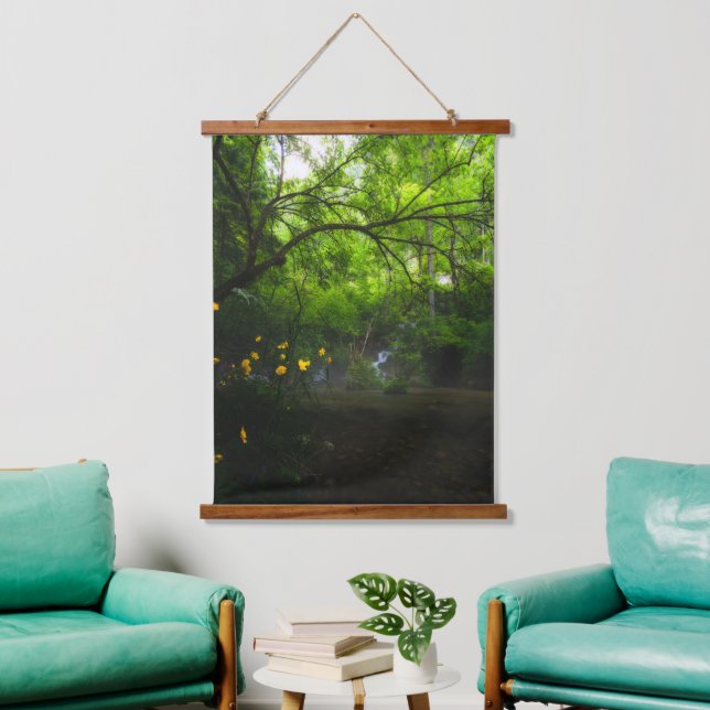 Magical forest with yellow flowers and waterfall hanging tapestry (Living Room)