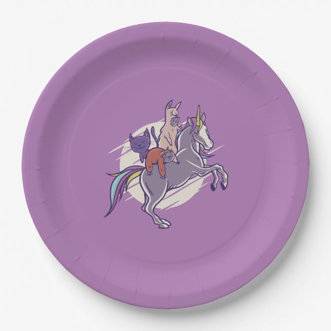 Magical Friends |Unicorn, Alpaca, Kitten, Sloth Paper Plate (Front)