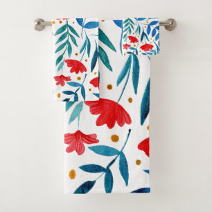 Magical garden - red and turquoise bath towel set