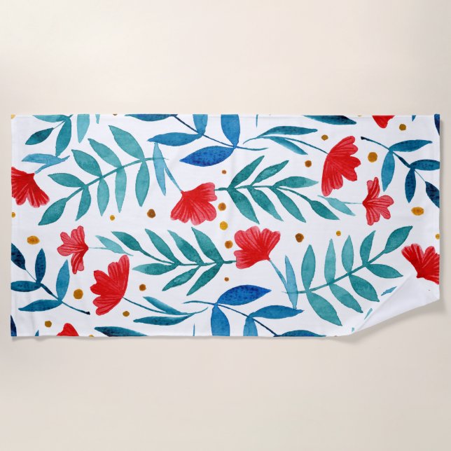 Magical garden - red and turquoise beach towel (Front)