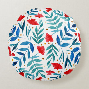 Magical garden - red and turquoise round cushion